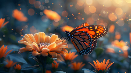 Enchanting monarch butterfly perched on a blooming - obrazy, fototapety, plakaty