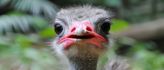  a close - up of an ostrich's face with a blurry background of trees and leaves.
