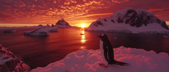  a penguin standing on top of a snow covered hill next to a body of water with icebergs in the background.
