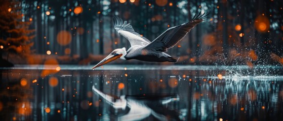  a pelican flying over a body of water with trees in the background and lights reflecting off of the water.