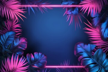 Neon border surrounding tropical palm leaf design, reflecting an anime aesthetic, vibrant dark pink and blue tones, purple neon composition, evoking the essence of contemporary gaming aesthetics.