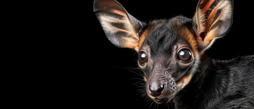  a close up of a small animal with very big ears and a weird look on it's face, against a black background.