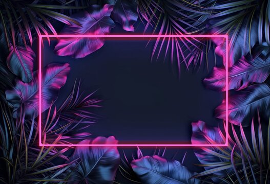 Neon border surrounding tropical palm leaf design, reflecting an anime aesthetic, vibrant dark pink and blue tones, purple neon composition, evoking the essence of contemporary gaming aesthetics.