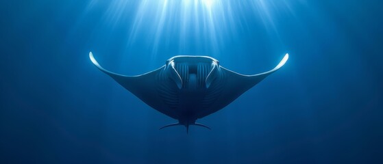  a manta ray swims through the deep blue water with sunlight shining down on it's back end.