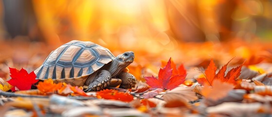  a turtle sitting on top of a pile of leaves next to a pile of red, orange and yellow leaves.