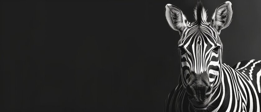  a black and white photo of a zebra looking at the camera with a serious look on it's face.