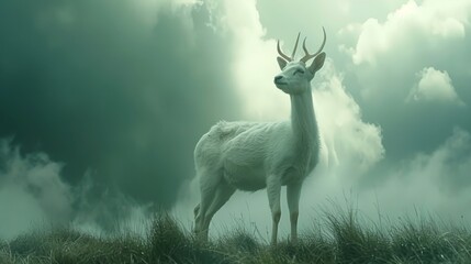  a white deer standing on top of a grass covered field under a cloudy sky with a bird perched on top of it.