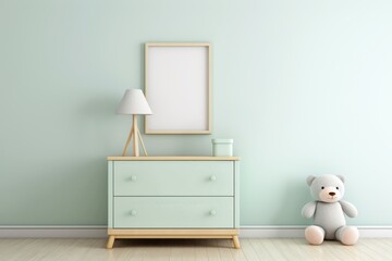 Empty frame mock up on a mint green wall with a small cabinet and cuddly toy