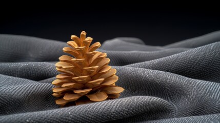  a pine cone sitting on top of a piece of cloth on top of a blue cloth covered table cloth with a black background. - obrazy, fototapety, plakaty