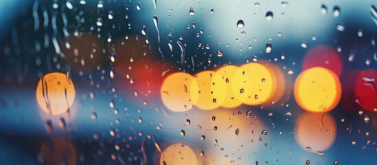 Rain drops are seen on a window in the foreground, with blurred traffic lights in the background. The image captures a scene of a stormy night in an urban setting.