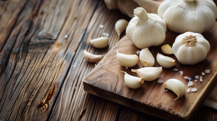 Close up of garlic bulbs with cloves on wooden board - obrazy, fototapety, plakaty