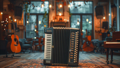 Accordion on the background of a sound studio, musical instrument bayan. - obrazy, fototapety, plakaty