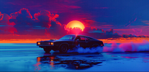 illustration of an 80s style muscle car racing down the road with a sun in the distance - 753895835