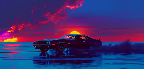 illustration of an 80s style muscle car racing down the road with a sun in the distance - 753895857