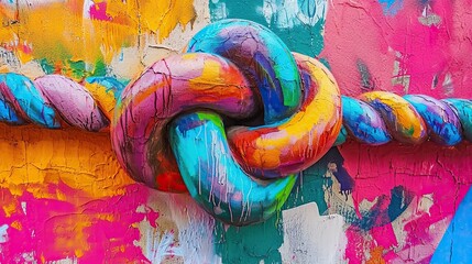 A knot close-up shot of a vibrant, graffiti-covered wall reveals a colorful street art installation depicting an oversized, abstract knot. The juxtaposition of chaotic urban elements with the elegance - obrazy, fototapety, plakaty
