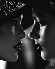 Close-up portrait of two LGBT women in hats. Black and white photo . A close-up shot of a whispered conversation between two stylish individuals at a glamorous party, capturing the essence of gossip. 