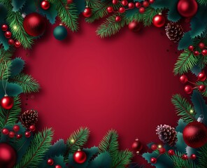 Red Christmas frame or boarder featuring colorful branches and colorful Christmas lights decor, evoking vibrant stage backdrop, richly detailed background in deep green, fir branches, copy space.