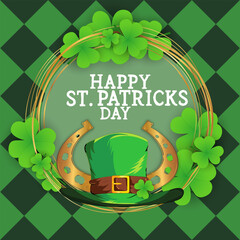 Leprechaun hat, golden horseshoe for good luck and clover happy Saint Patrick's Day card poster, party invitation template, background, wallpaper, banner, template, web.
