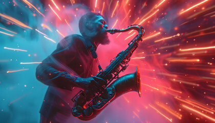 A musician plays the saxophone in a jazz club, the trumpet is a musical wind instrument.