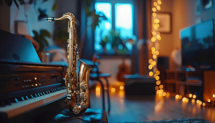 Saxophone on the background of a sound studio, musical wind trumpet tool. - obrazy, fototapety, plakaty