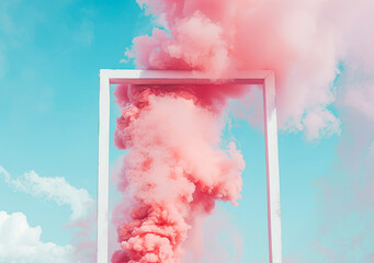 Fairytale pastel pink frame in the sky in thick fluffy clouds. An explosion of pinkish smoke.