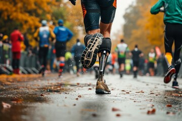 Man with a prosthetic leg participating in a city race