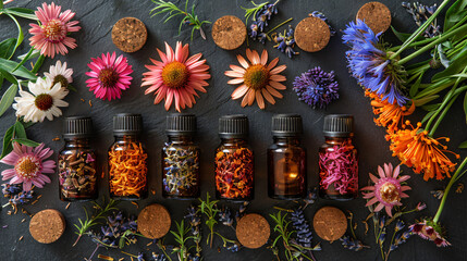 Obraz na płótnie Canvas Flat lay composition with essential oils and flower