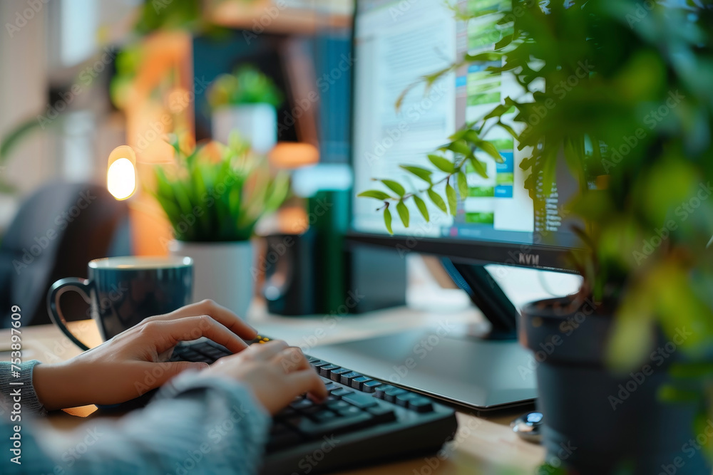 Aufkleber person coding and typing on a keyboard and a monitor on a desk with a coffee mug and a plant