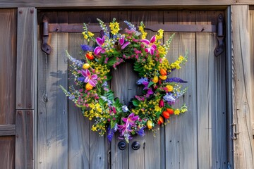 Fototapeta na wymiar Welcoming Spring with Open Arms: A Vibrant Easter Wreath Hanging on a Quaint Wooden Door