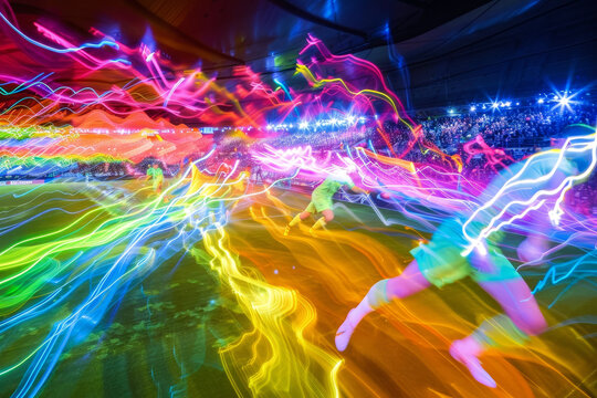 An electric soccer arena--waves of neon colors surge around the pitch.
