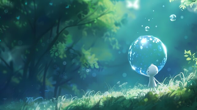 The character stands on tiptoes, stretching its arms towards a floating soap bubble.