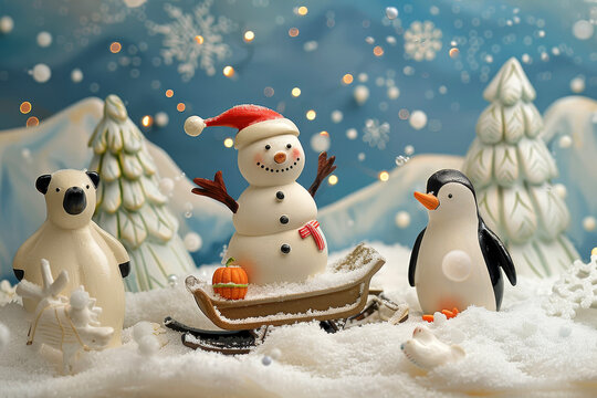 A winter scene with a snowman, a sled, a penguin, and a polar bear