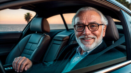 An older man with a white beard and glasses sits in the driver's seat of a car.