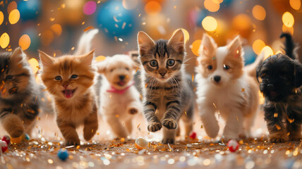Fototapeta na wymiar kittens run to the party
