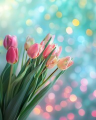 Beautiful pink and peach tulips against a dreamy, bokeh light background. Spring awakening concept. Mothers day concept. Wedding concept.	
