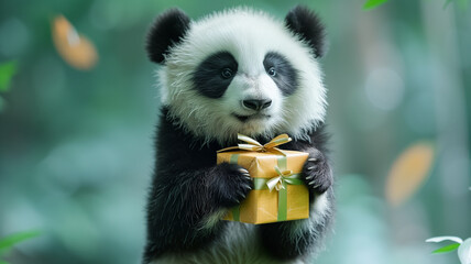 cute cartoon panda holding a yellow gift