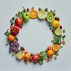 wreath of vegetables and fruits.Various natural things neatly arranged in circle