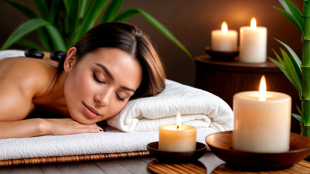 A woman lays on a massage table with candles and plants surrounding her.
