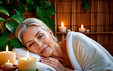 Obraz na płótnie Canvas A woman with grey hair and a white bathrobe is lying on a massage table in a spa