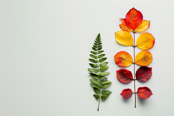 autumn leaves and flowers  on a white.Minimal creative Trendy social mockup or wallpaper with copy space.Top view,flat lay.Generative AI