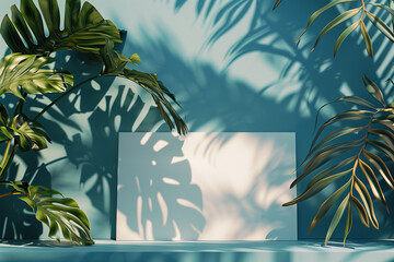 Tropical palm shadow  and tropical  leaves over white paper cardboard Overhead Summer theme - nature tones flatlay.