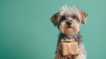 cute little dog holding a gift