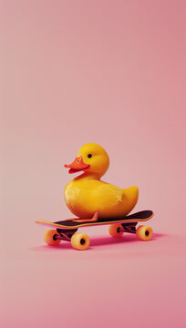 Rubber duck on a skateboard.Minimal creative toy ,Easter and party concept.Copy space,top view.Generative AI