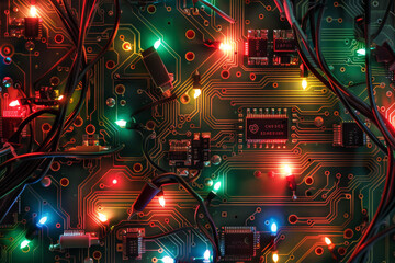 A texture of a circuit board with wires, chips, and lights