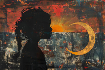 A silhouette of a young girl with a sunset or a moon in the background