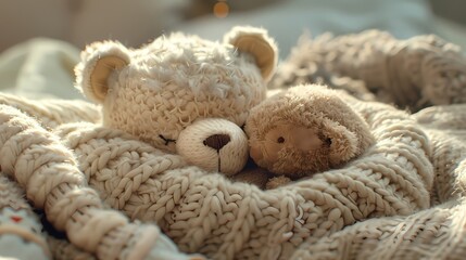 Nestled in a pile of soft blankets, the cute character cuddles with a plush toy, its eyes drooping with sleepiness.