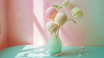 Scoops of ice cream on sticks and flowers in a vase. Minimal summer concept.