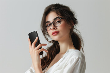 Fototapeta premium A woman wearing glasses is holding a cell phone in her hand on light gray background