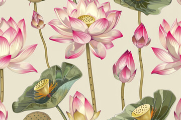 A pattern of lotus with petals, buds, and stems of the sacred flower in a pond or a vase