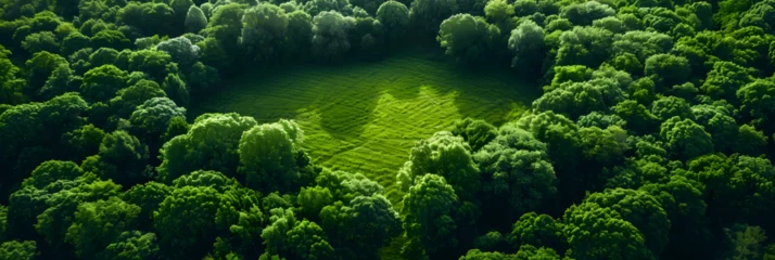 Foto op Plexiglas Aerial of Thick Wood of Green Trees Beside Paddocks , Aerial view of a glade meadow in a green forest  © David